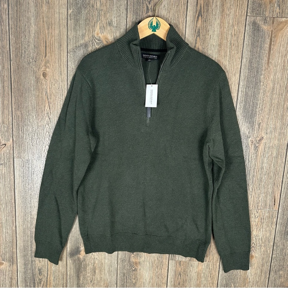 Banana Republic Wool Blend Sweater Mens Size Medium Green 1/4 Zip Italian Yarn